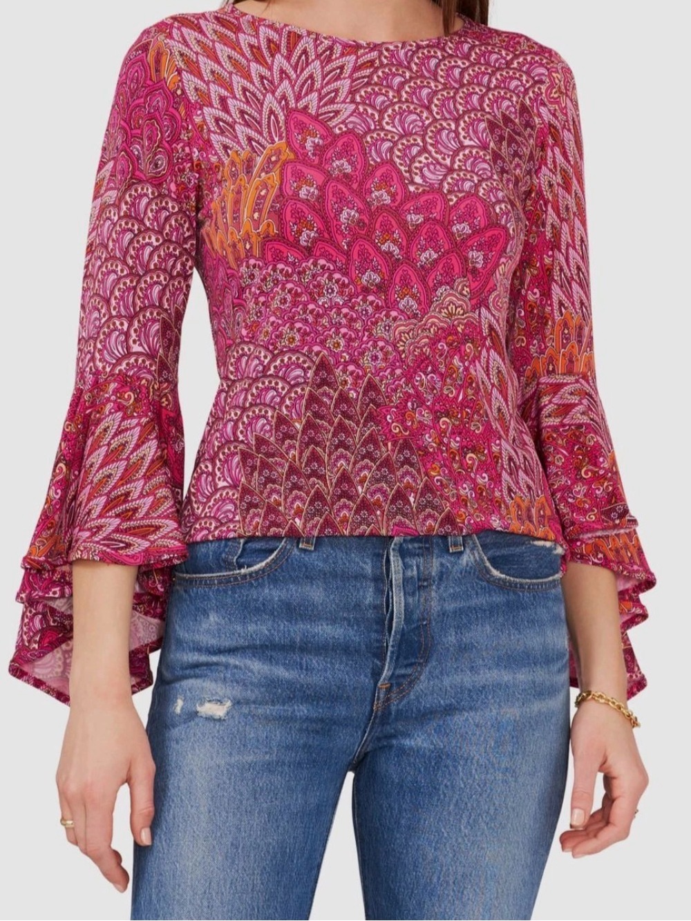 Prelude Women's Burgundy/Pink Long-Sleeve Paisley Scoop Neck Top Bell Sleeves L
